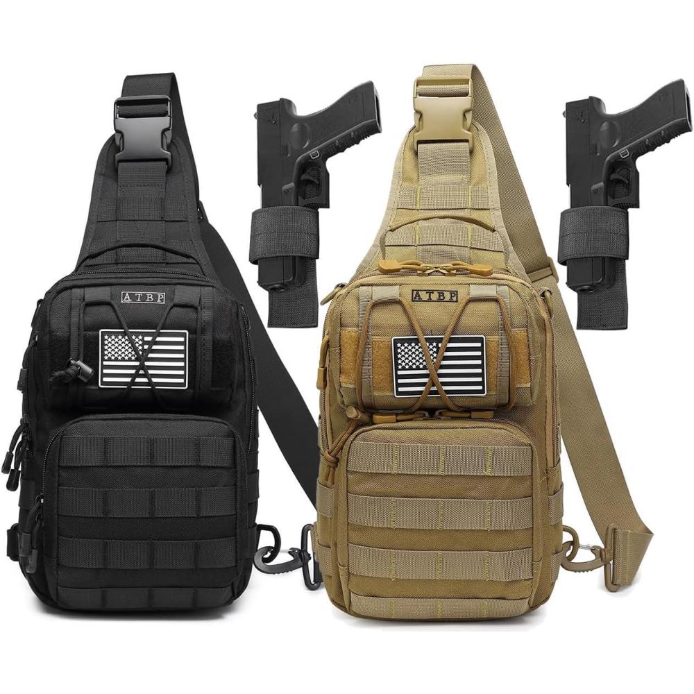 imageATBP Tactical Sling Backpack Bag Pack for Men Military One Strap Shoulder Backpack Crossbody Bag With Holster 10 LitersBlack Tan 2