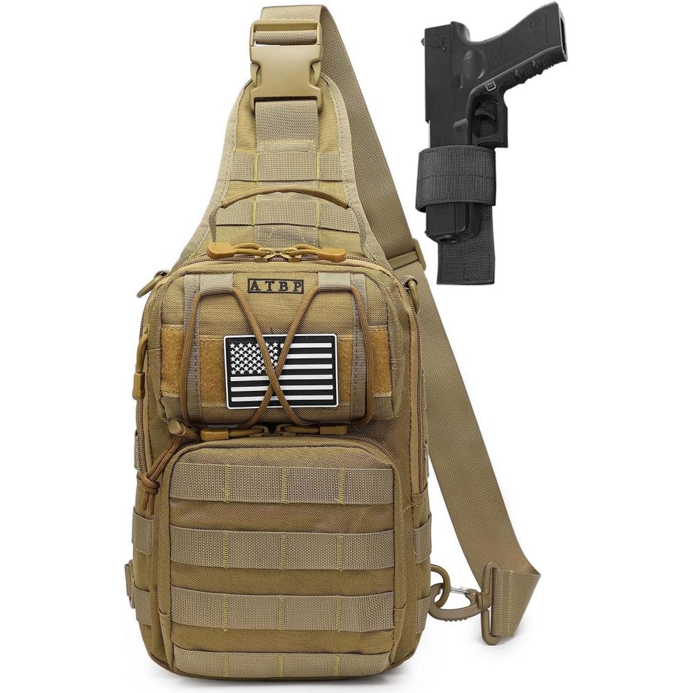 imageATBP Tactical Sling Backpack Bag Pack for Men Military One Strap Shoulder Backpack Crossbody Bag With Holster 10 LitersBrown Tan Khaki