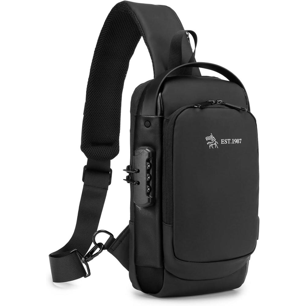 imageKSIBNW Sling Backpack Antitheft Crossbody Chest Sling Bag with USB Charging Port Daypack PU Leather Shoulder Black Daypack Fanny Pack for Women MenBlack
