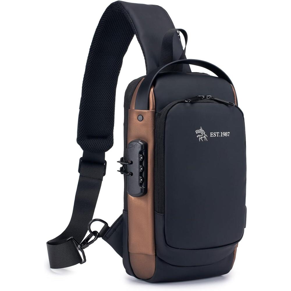 imageKSIBNW Sling Backpack Antitheft Crossbody Chest Sling Bag with USB Charging Port Daypack PU Leather Shoulder Black Daypack Fanny Pack for Women MenGold