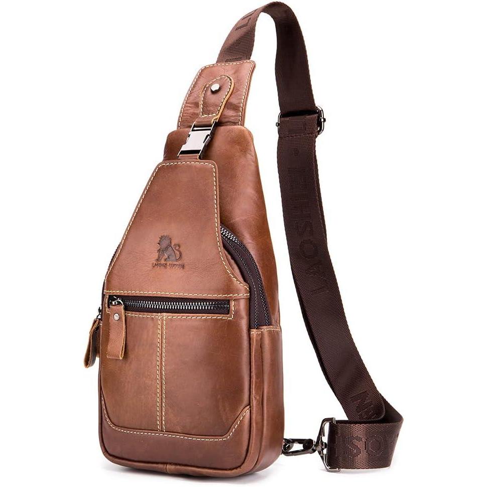imageLeather Sling Bag Backpack for Men Women Crossbody Shoulder Chest Day Pack Outdoor Travel Camping Tactical Daypack10brown