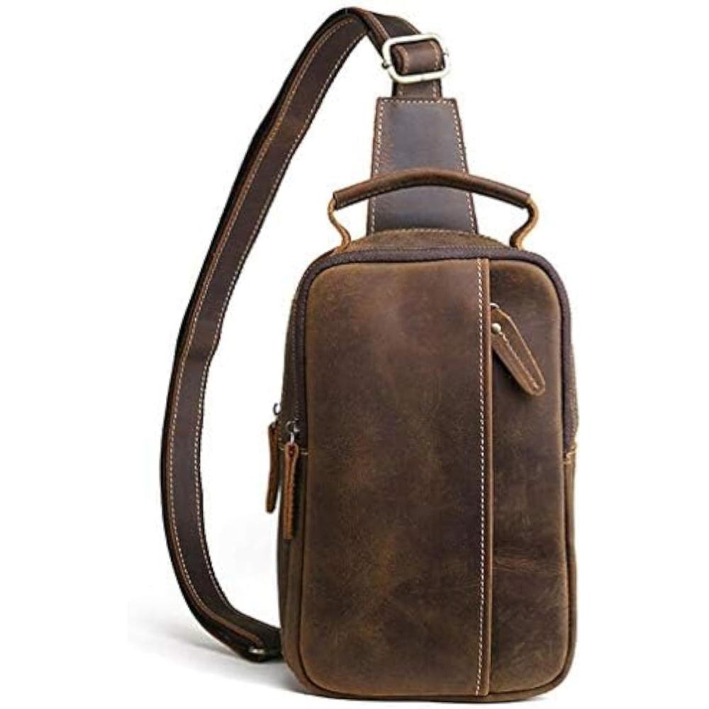 imageLeather Sling Bag Backpack for Men Women Crossbody Shoulder Chest Day Pack Outdoor Travel Camping Tactical Daypack21brown