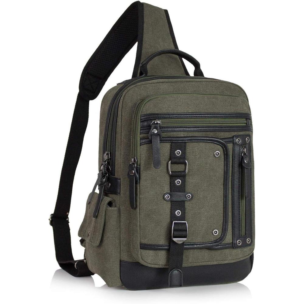 imageSchkleier Messenger Bag for Men Canvas Sling Bag Crossbody Backpack Laptop Shoulder Bag Hiking Daypacks Casual TacticalArmy Green