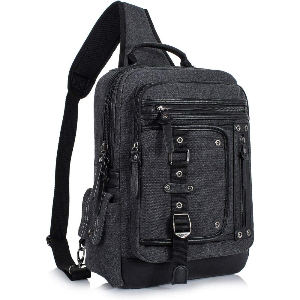 imageSchkleier Messenger Bag for Men Canvas Sling Bag Crossbody Backpack Laptop Shoulder Bag Hiking Daypacks Casual TacticalBlack
