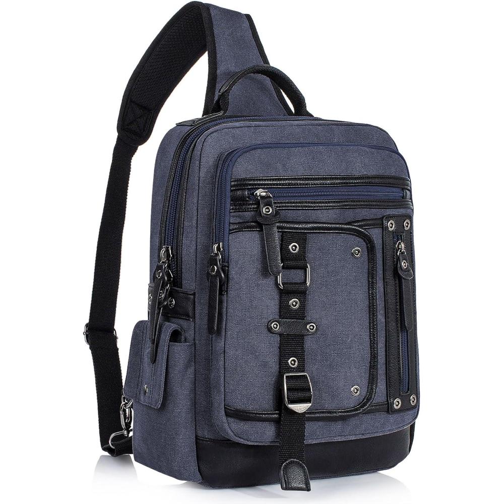 imageSchkleier Messenger Bag for Men Canvas Sling Bag Crossbody Backpack Laptop Shoulder Bag Hiking Daypacks Casual TacticalNavy Blue