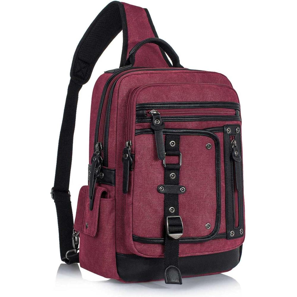imageSchkleier Messenger Bag for Men Canvas Sling Bag Crossbody Backpack Laptop Shoulder Bag Hiking Daypacks Casual TacticalWine Red