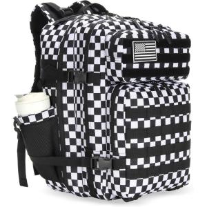 45L Tactical Assault Backpack 3 day assault pack with Molle Waterproof backpack Rucksack for Tactical Backpacks (Red water pattern)(Black and White Check)
