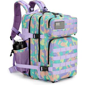 45L Tactical Assault Backpack 3 day assault pack with Molle Waterproof backpack Rucksack for Tactical Backpacks (Red water pattern)(Purplegreenyellow)