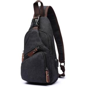 Canvas Sling Bag Crossbody Backpack Shoulder Casual Rucksack for Men Women Outdoor Cycling Hiking Travel Fishing Black(Black)
