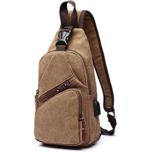 Canvas Sling Bag Crossbody Backpack Shoulder Casual Rucksack for Men Women Outdoor Cycling Hiking Travel Fishing Black(Coffee)