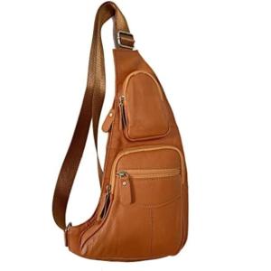 Leather Sling Bag Backpack for Men Women Crossbody Shoulder Chest Day Pack Outdoor Travel Camping Tactical Daypack(#02yellow Brown)