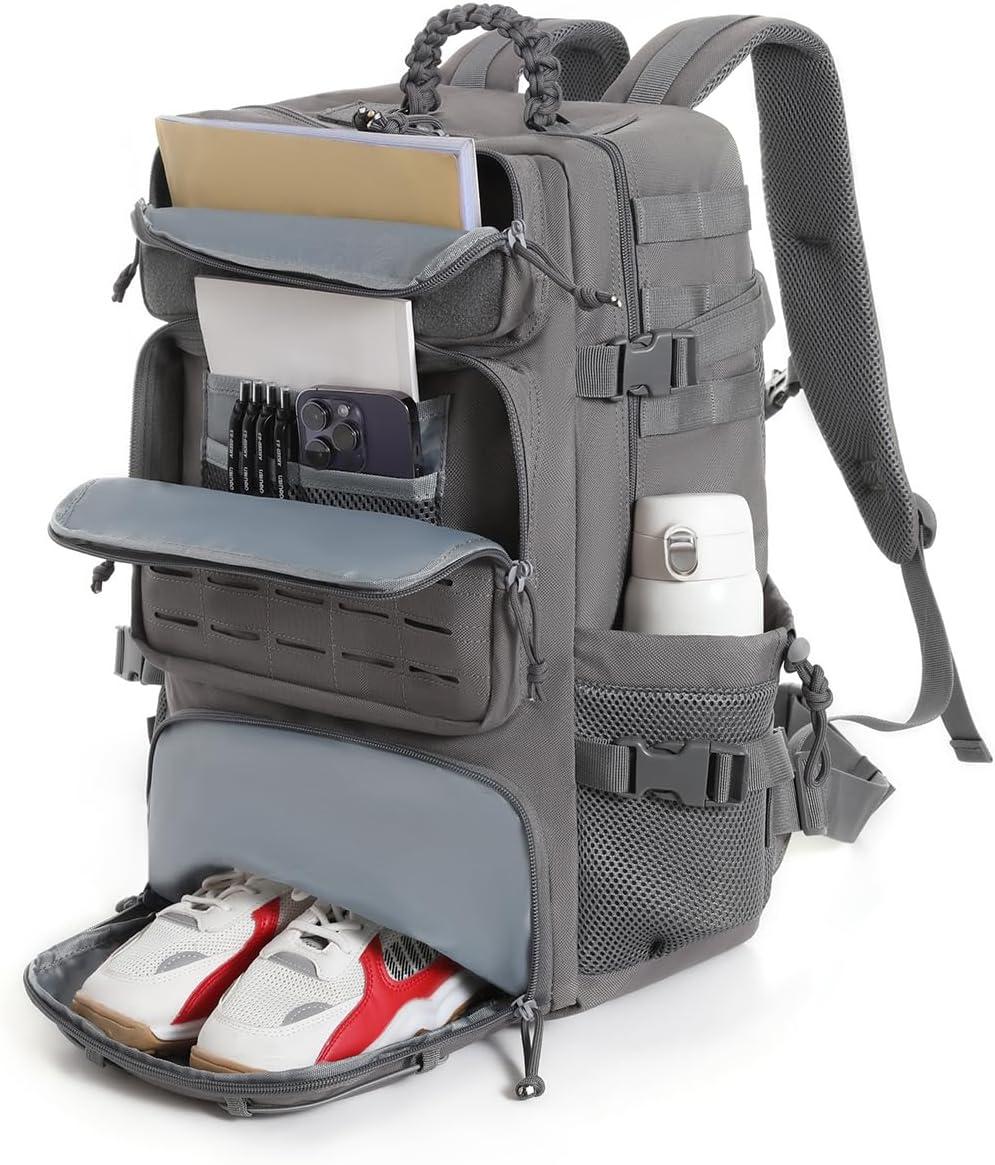 imageTsrgsn Tactical Backpack for Men Travel Gym Backpack with Shoe Compartment Day Pack Large Sports HiKing Military Rucksack Molle BlackGrey