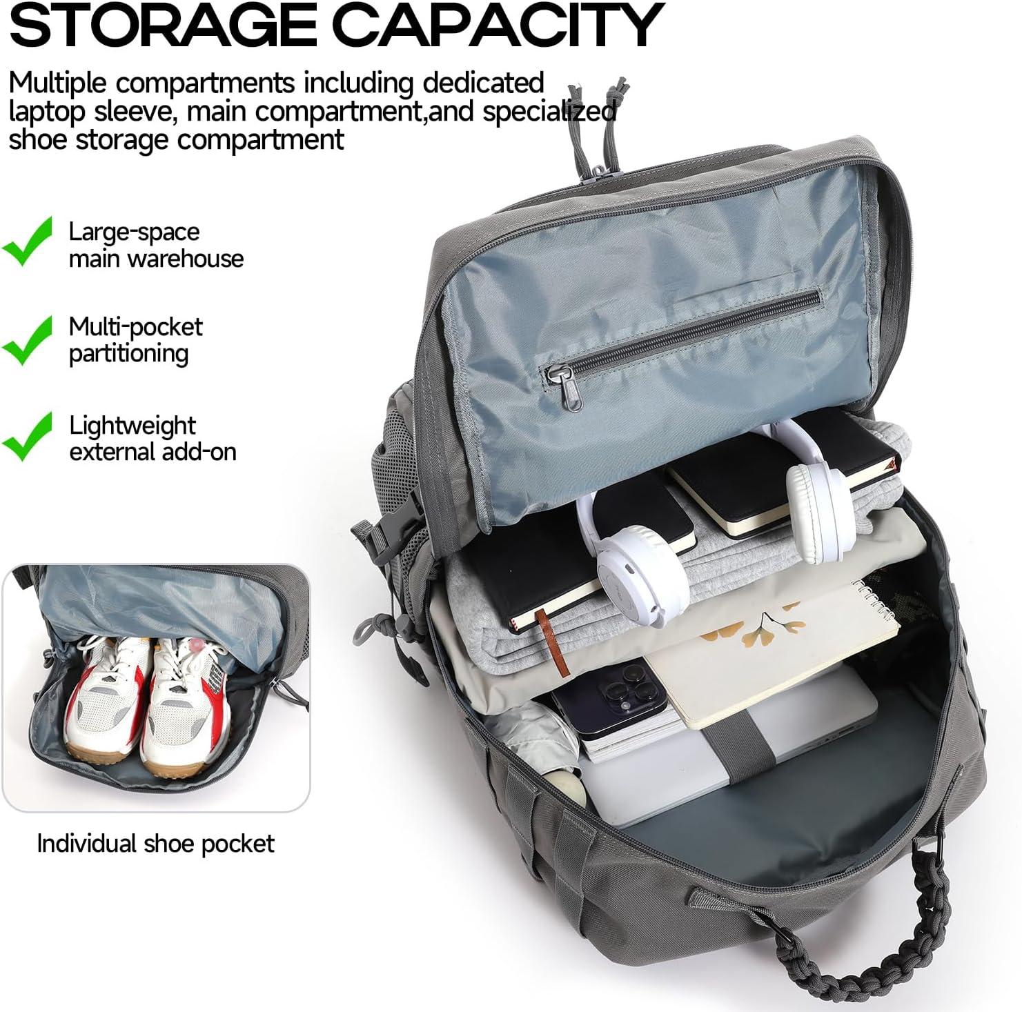 imageTsrgsn Tactical Backpack for Men Travel Gym Backpack with Shoe Compartment Day Pack Large Sports HiKing Military Rucksack Molle BlackGrey