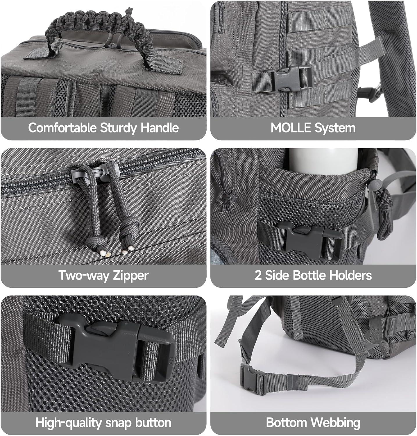 imageTsrgsn Tactical Backpack for Men Travel Gym Backpack with Shoe Compartment Day Pack Large Sports HiKing Military Rucksack Molle BlackGrey