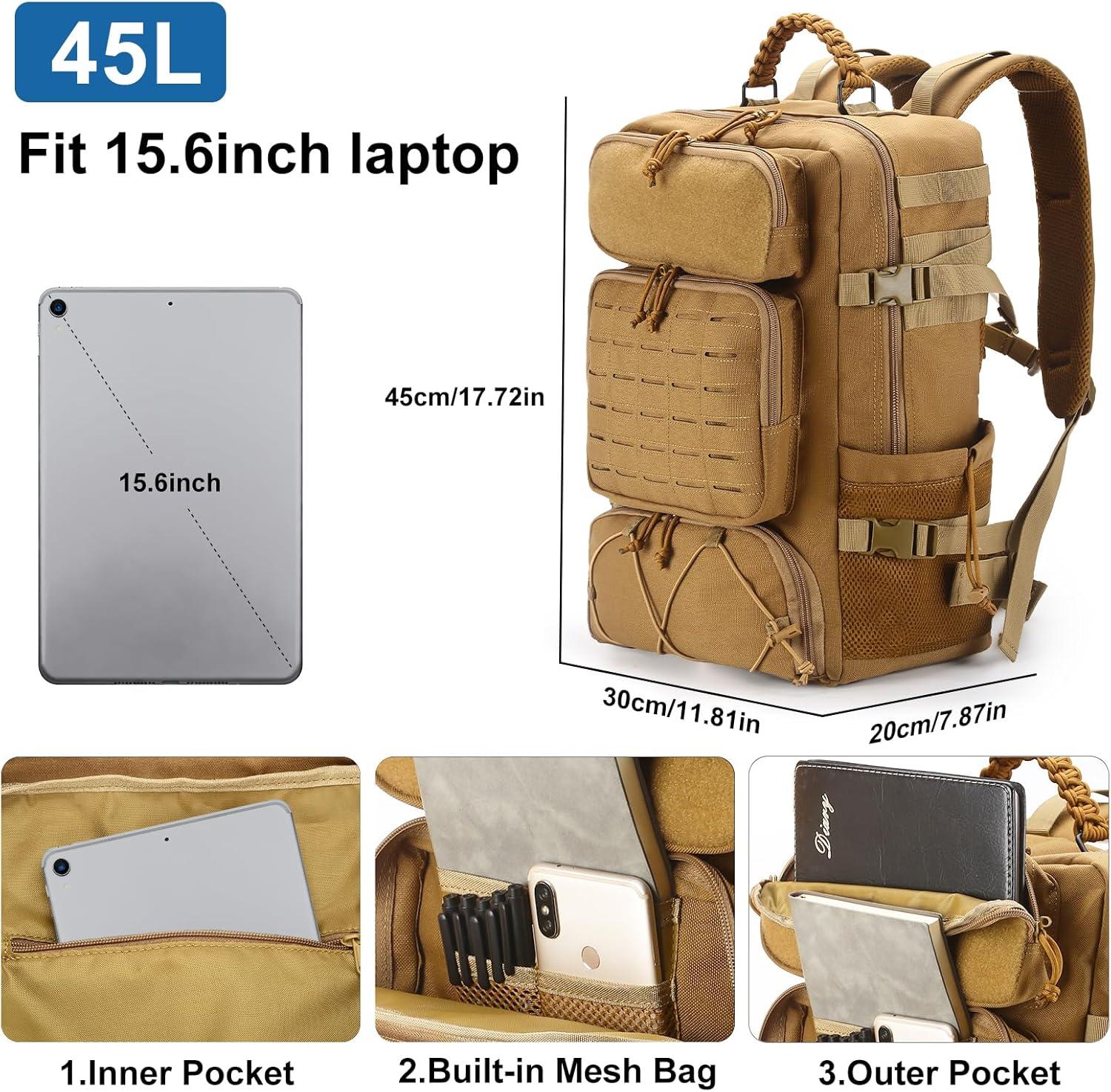 imageTsrgsn Tactical Backpack for Men Travel Gym Backpack with Shoe Compartment Day Pack Large Sports HiKing Military Rucksack Molle BlackKhaki Color