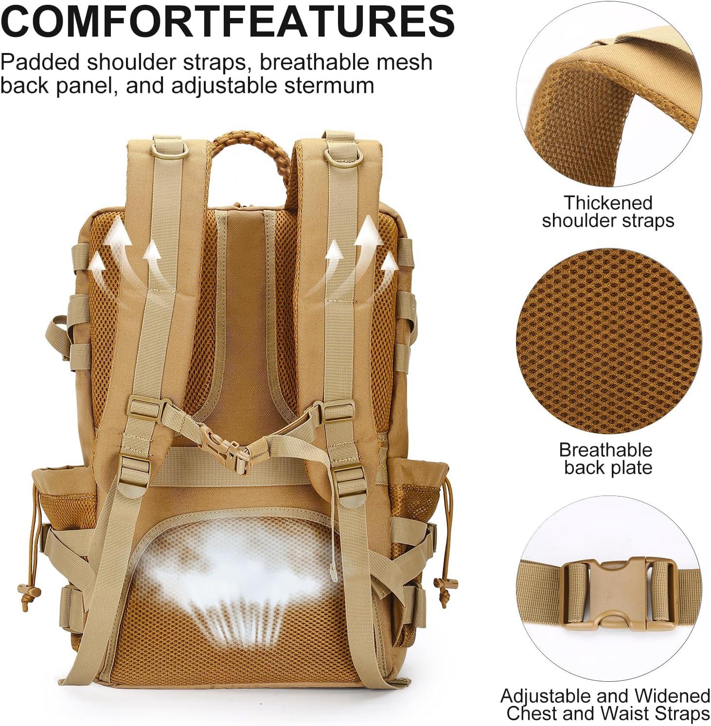 imageTsrgsn Tactical Backpack for Men Travel Gym Backpack with Shoe Compartment Day Pack Large Sports HiKing Military Rucksack Molle BlackKhaki Color