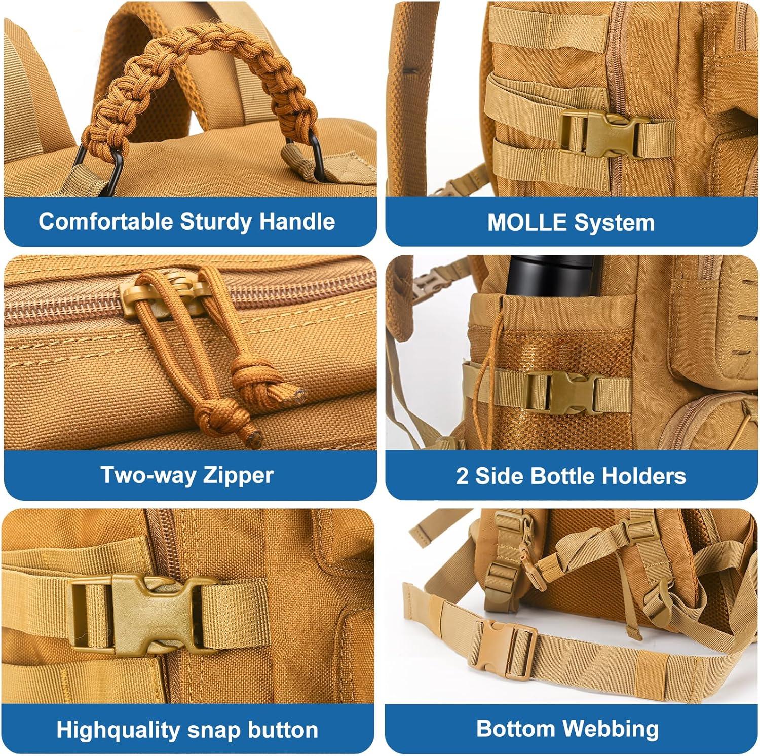 imageTsrgsn Tactical Backpack for Men Travel Gym Backpack with Shoe Compartment Day Pack Large Sports HiKing Military Rucksack Molle BlackKhaki Color