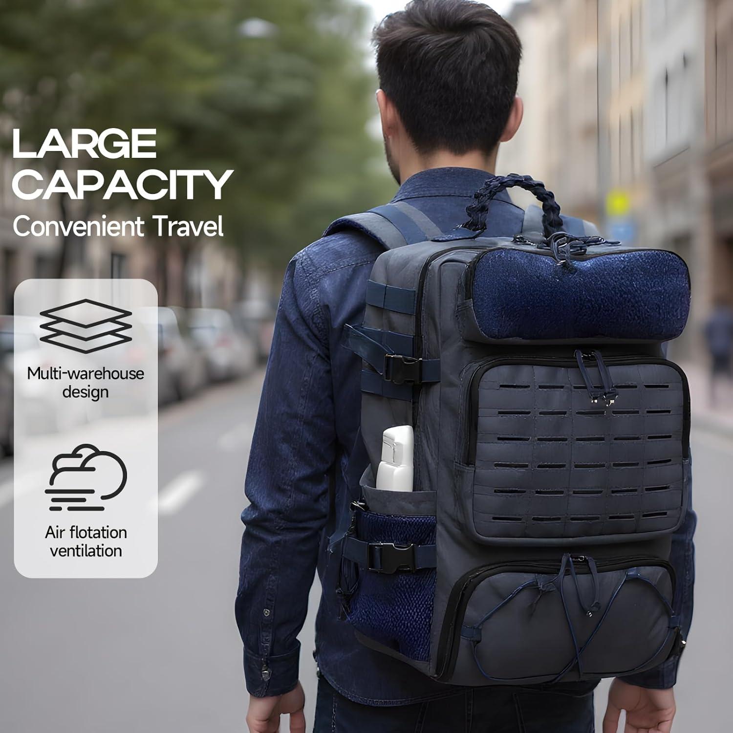 imageTsrgsn Tactical Backpack for Men Travel Gym Backpack with Shoe Compartment Day Pack Large Sports HiKing Military Rucksack Molle BlackNavy Blue