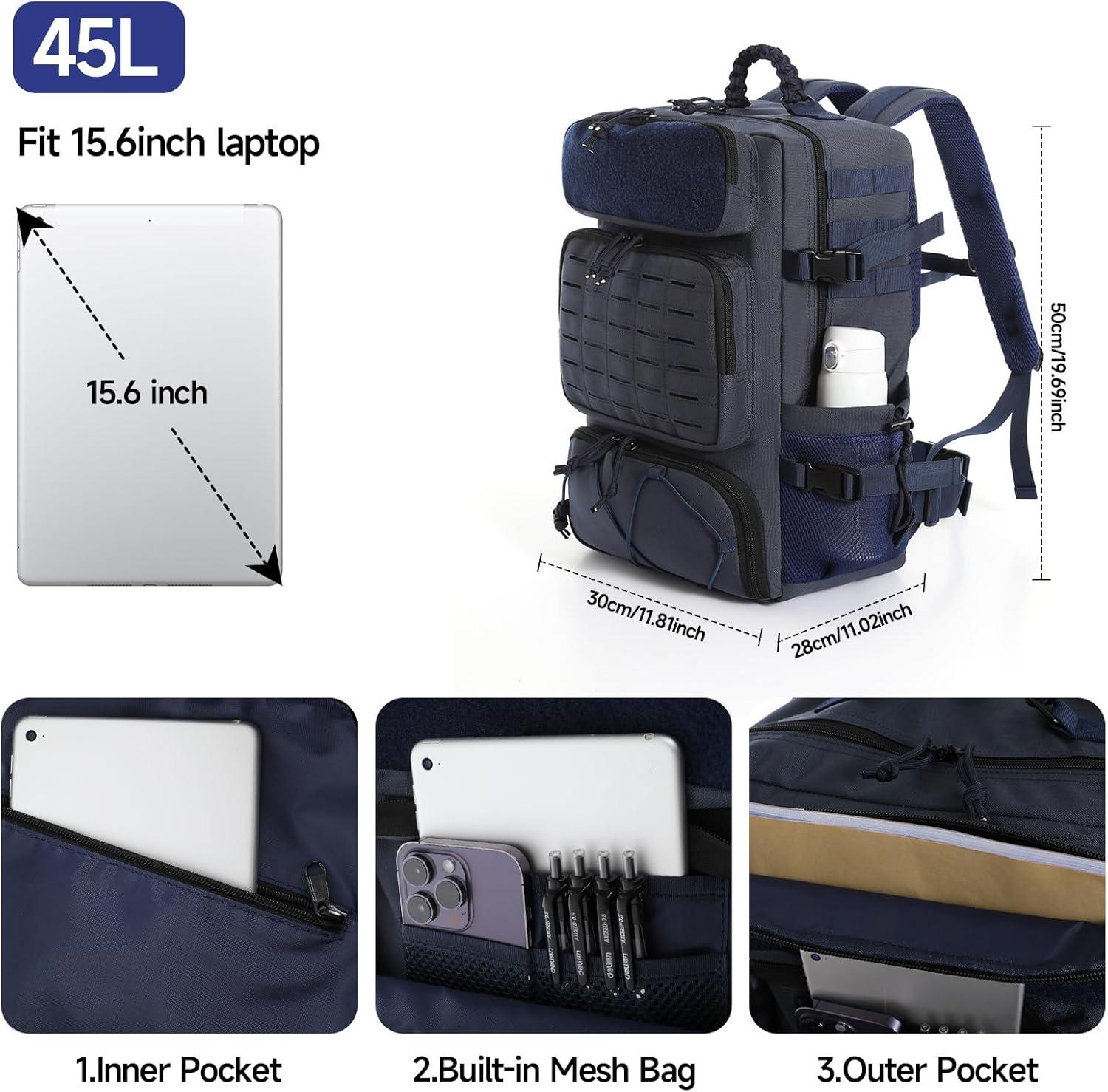 imageTsrgsn Tactical Backpack for Men Travel Gym Backpack with Shoe Compartment Day Pack Large Sports HiKing Military Rucksack Molle BlackNavy Blue