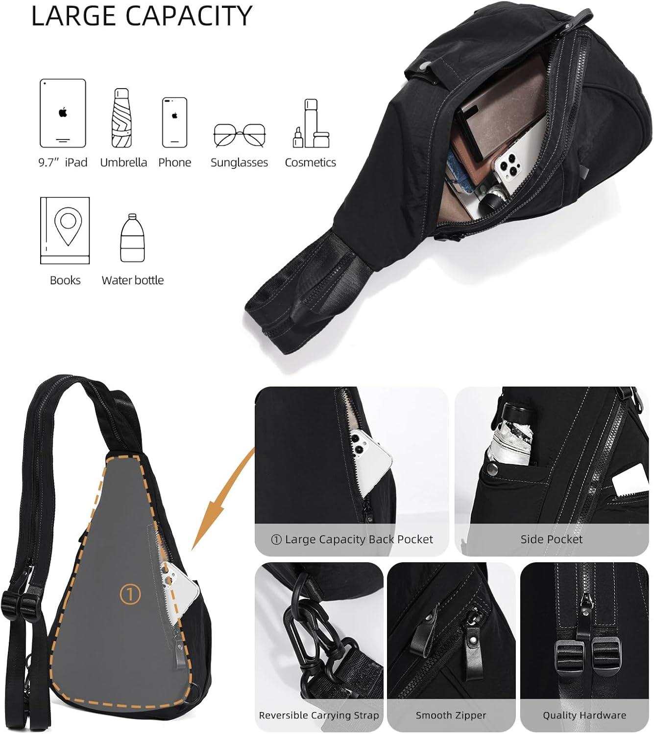 imageKL928 Crossbody Sling Backpack Nylon Cross Body Bag Travel Hiking Shoulder Bags Daypack Rucksack Unisex Black68812black