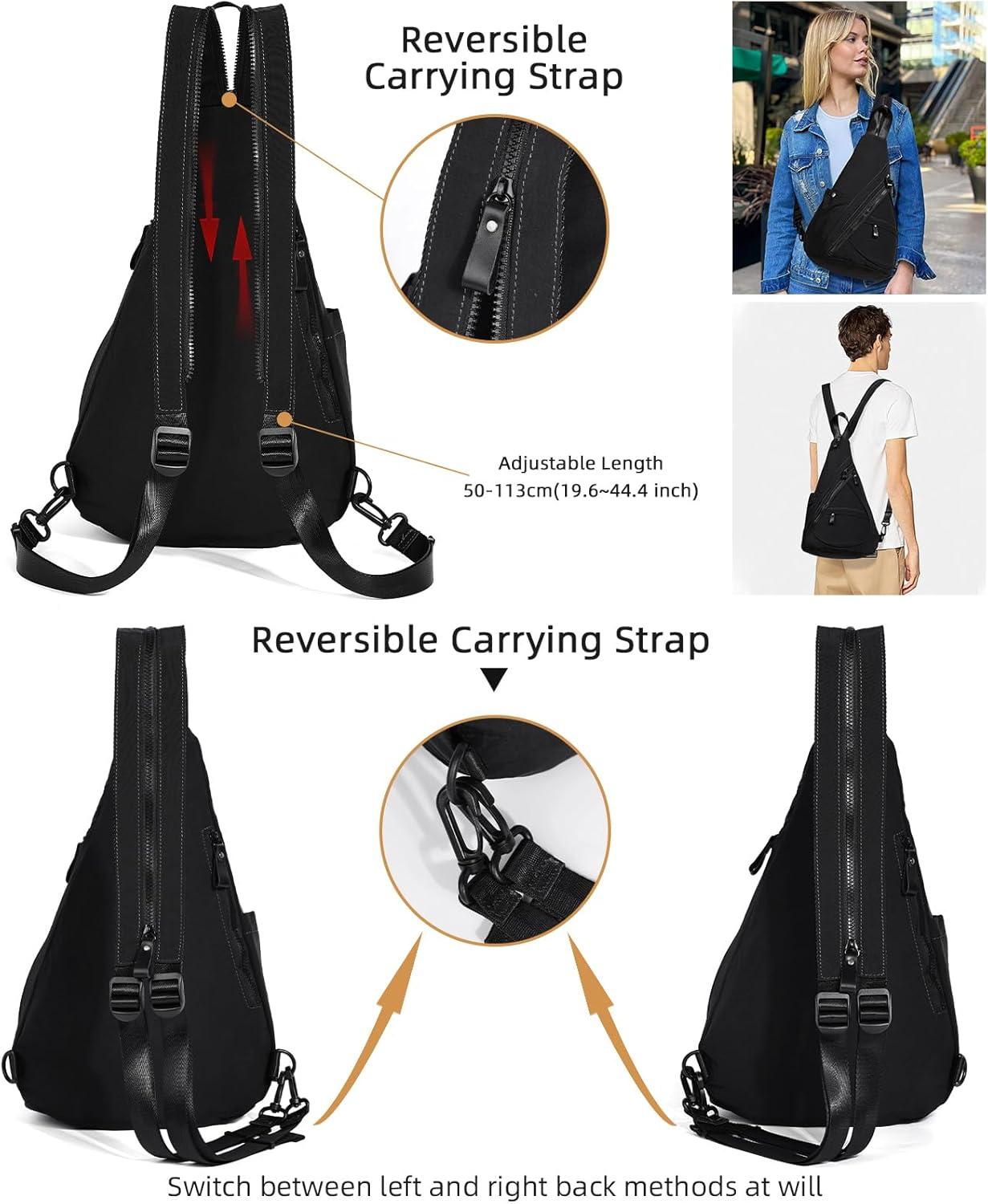 imageKL928 Crossbody Sling Backpack Nylon Cross Body Bag Travel Hiking Shoulder Bags Daypack Rucksack Unisex Black68812black
