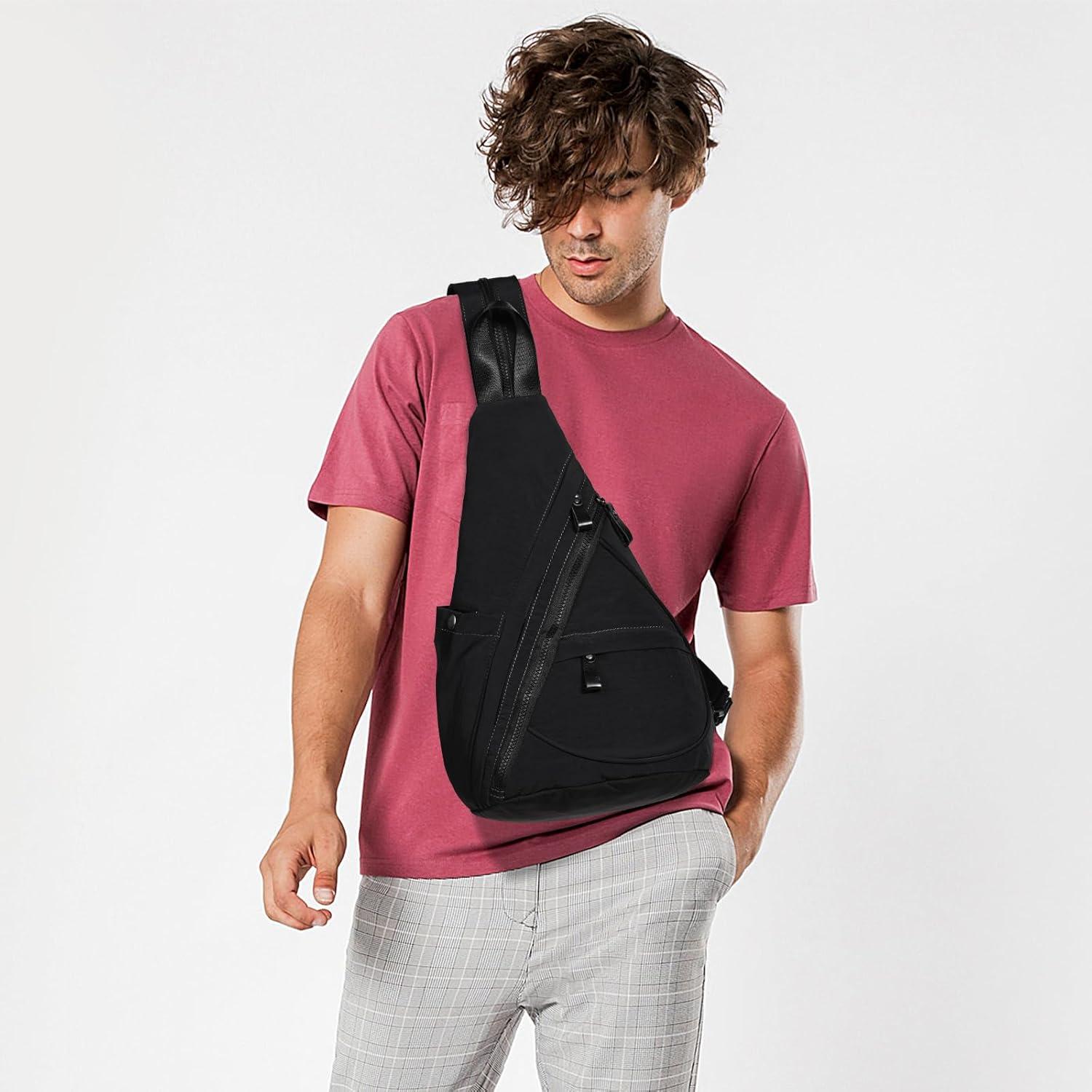imageKL928 Crossbody Sling Backpack Nylon Cross Body Bag Travel Hiking Shoulder Bags Daypack Rucksack Unisex Black68812black