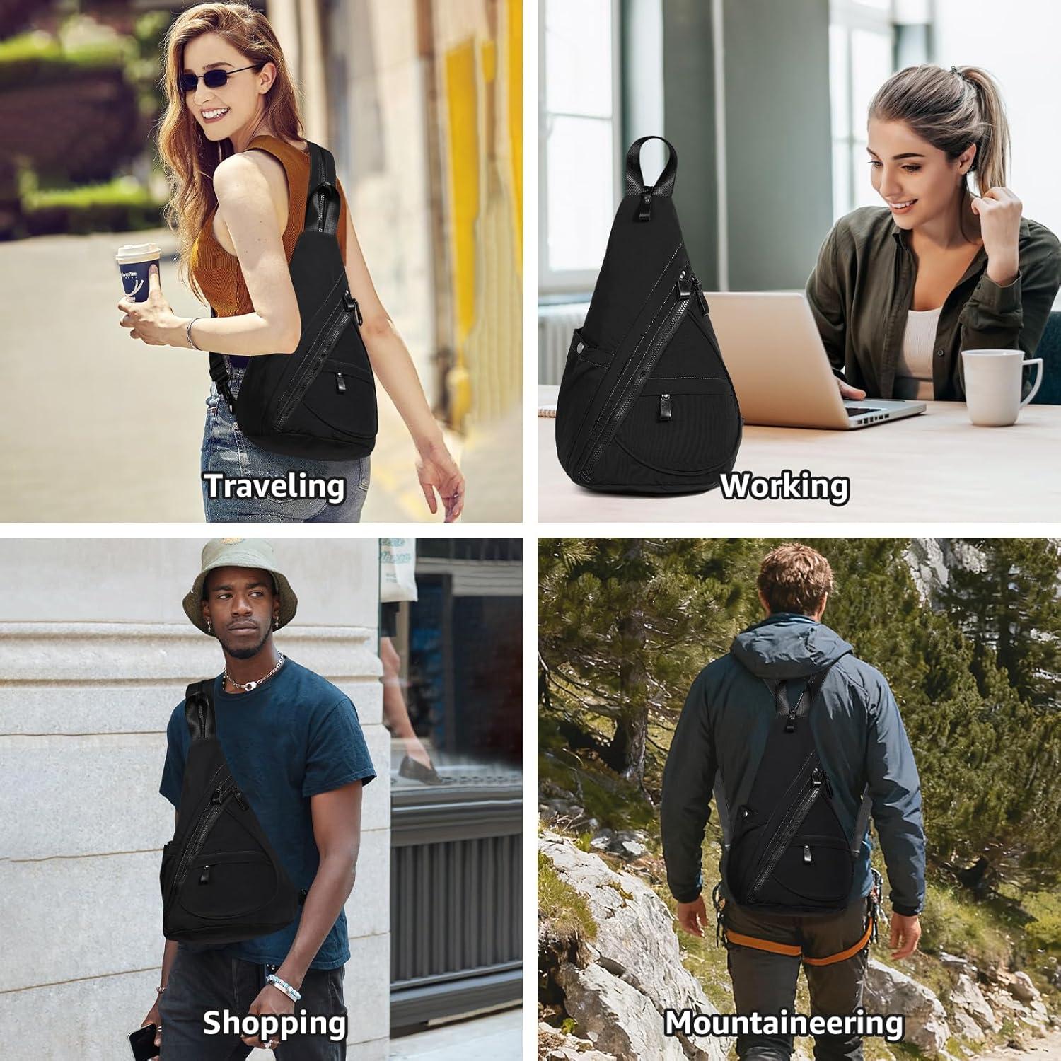 imageKL928 Crossbody Sling Backpack Nylon Cross Body Bag Travel Hiking Shoulder Bags Daypack Rucksack Unisex Black68812black
