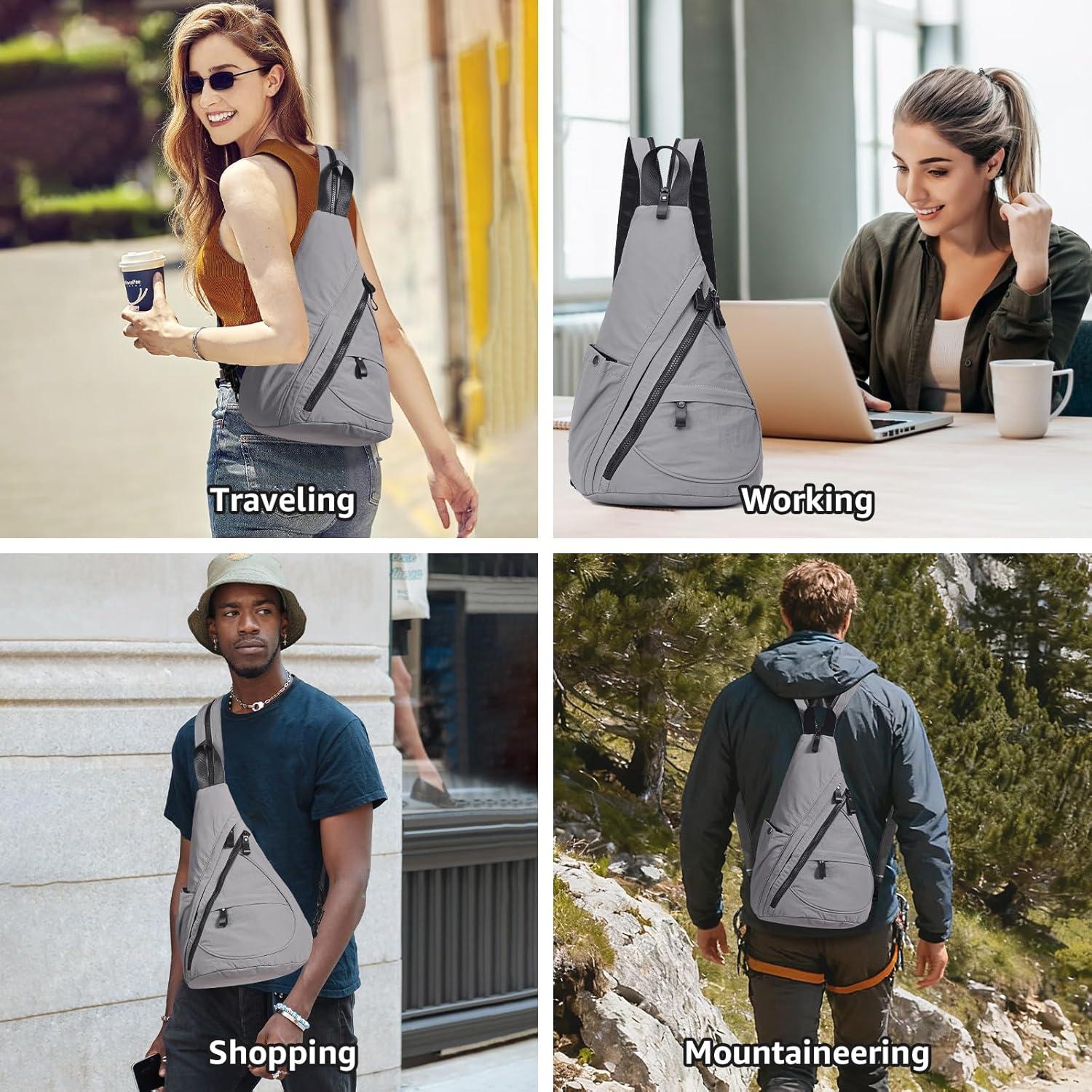imageKL928 Crossbody Sling Backpack Nylon Cross Body Bag Travel Hiking Shoulder Bags Daypack Rucksack Unisex Black68812grey