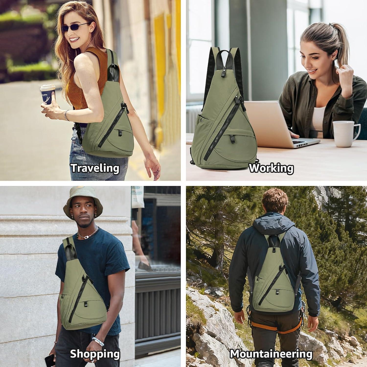 imageKL928 Crossbody Sling Backpack Nylon Cross Body Bag Travel Hiking Shoulder Bags Daypack Rucksack Unisex Black68812olive Green