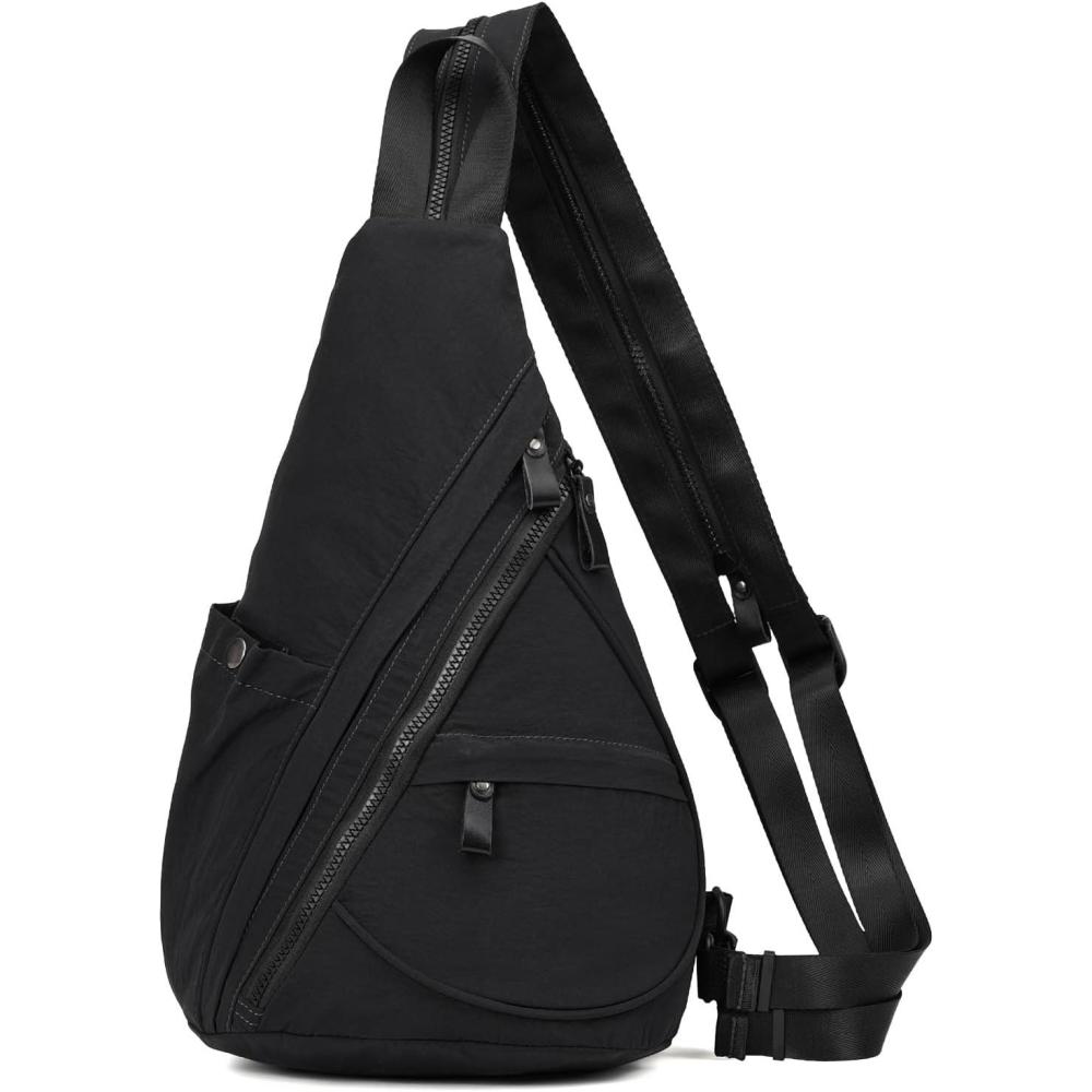 imageKL928 Crossbody Sling Backpack Nylon Cross Body Bag Travel Hiking Shoulder Bags Daypack Rucksack Unisex Black68812black