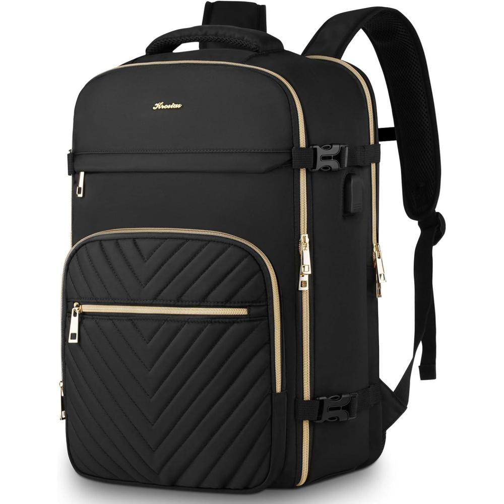 imageTravel Backpack for Women Carry On Backpack for Airplanes Flight Approved Waterproof Large Weekender Overnight Bag Fit 156 Inch Laptop with USB Charging Port BlackBlack
