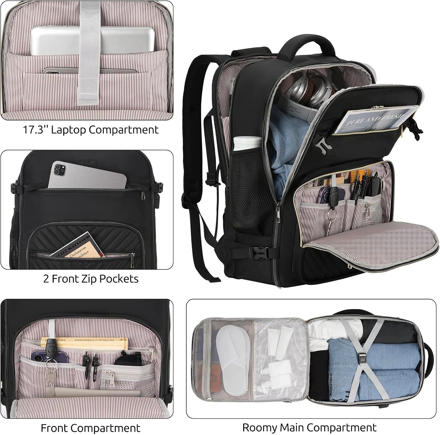 image:imageKROSIAS Travel Backpack for Women Carry On Backpack for Airplanes Flight Approved Waterproof Large Weekender Overnight Bag Fit 17 Inch Laptop Black