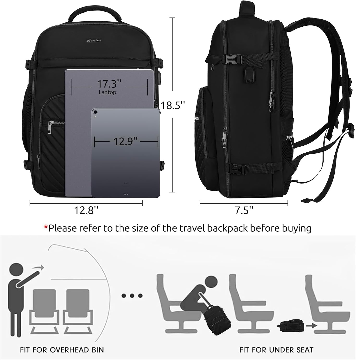 image:imageKROSIAS Travel Backpack for Women Carry On Backpack for Airplanes Flight Approved Waterproof Large Weekender Overnight Bag Fit 17 Inch Laptop Black