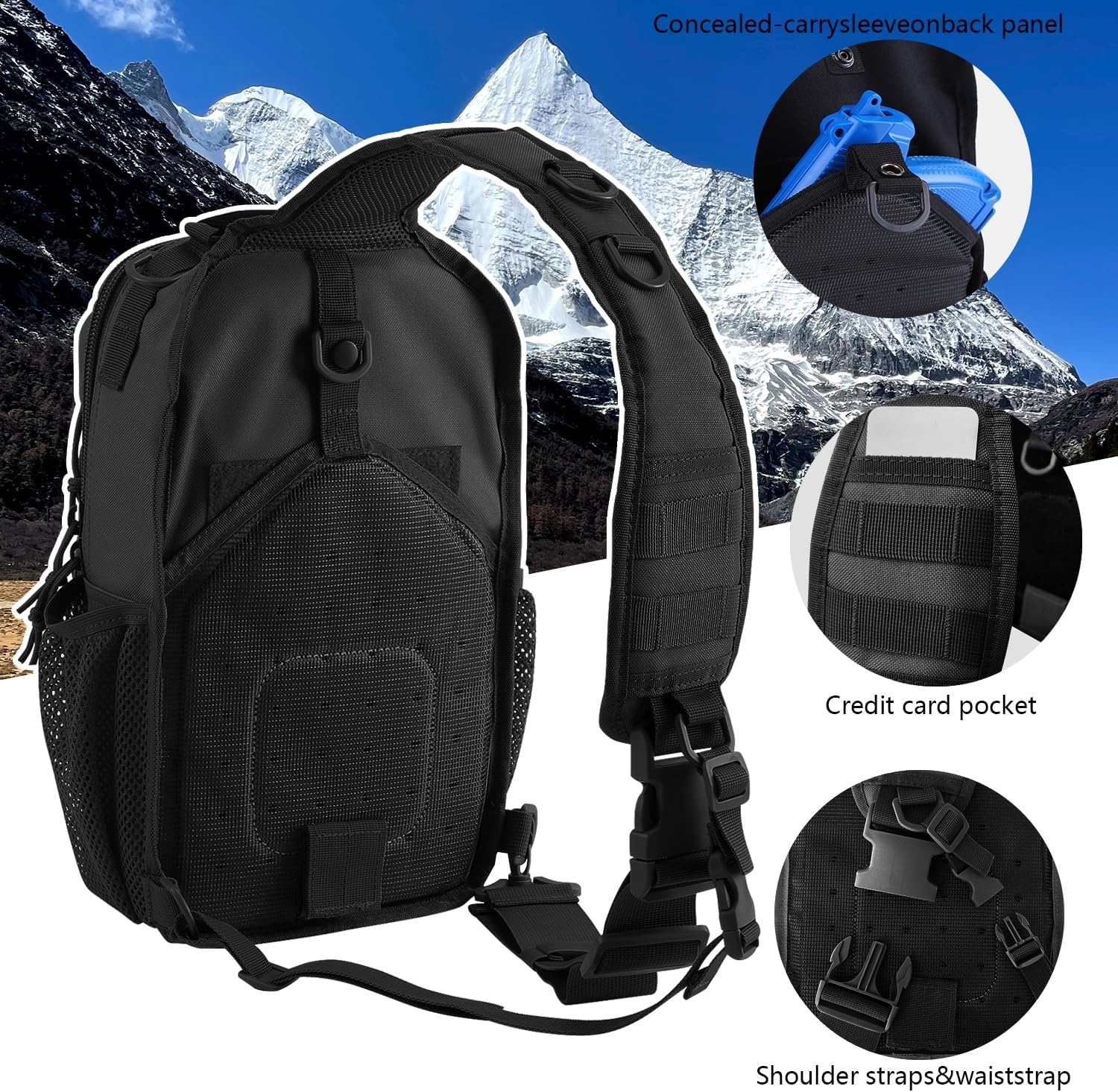 image:imageRover Sling Pack Tactical Shoulder Sling Bag Backpack with Bottle Holder Crossbody Chest Bag BlackBlack