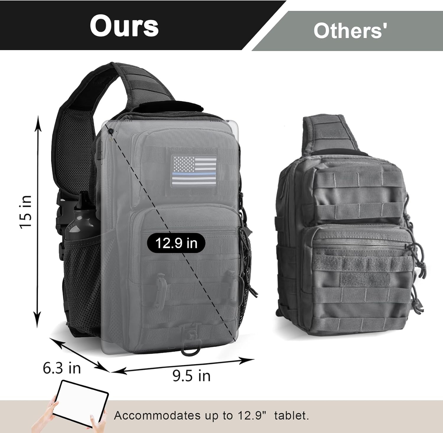 image:imageRover Sling Pack Tactical Shoulder Sling Bag Backpack with Bottle Holder Crossbody Chest Bag BlackBlack