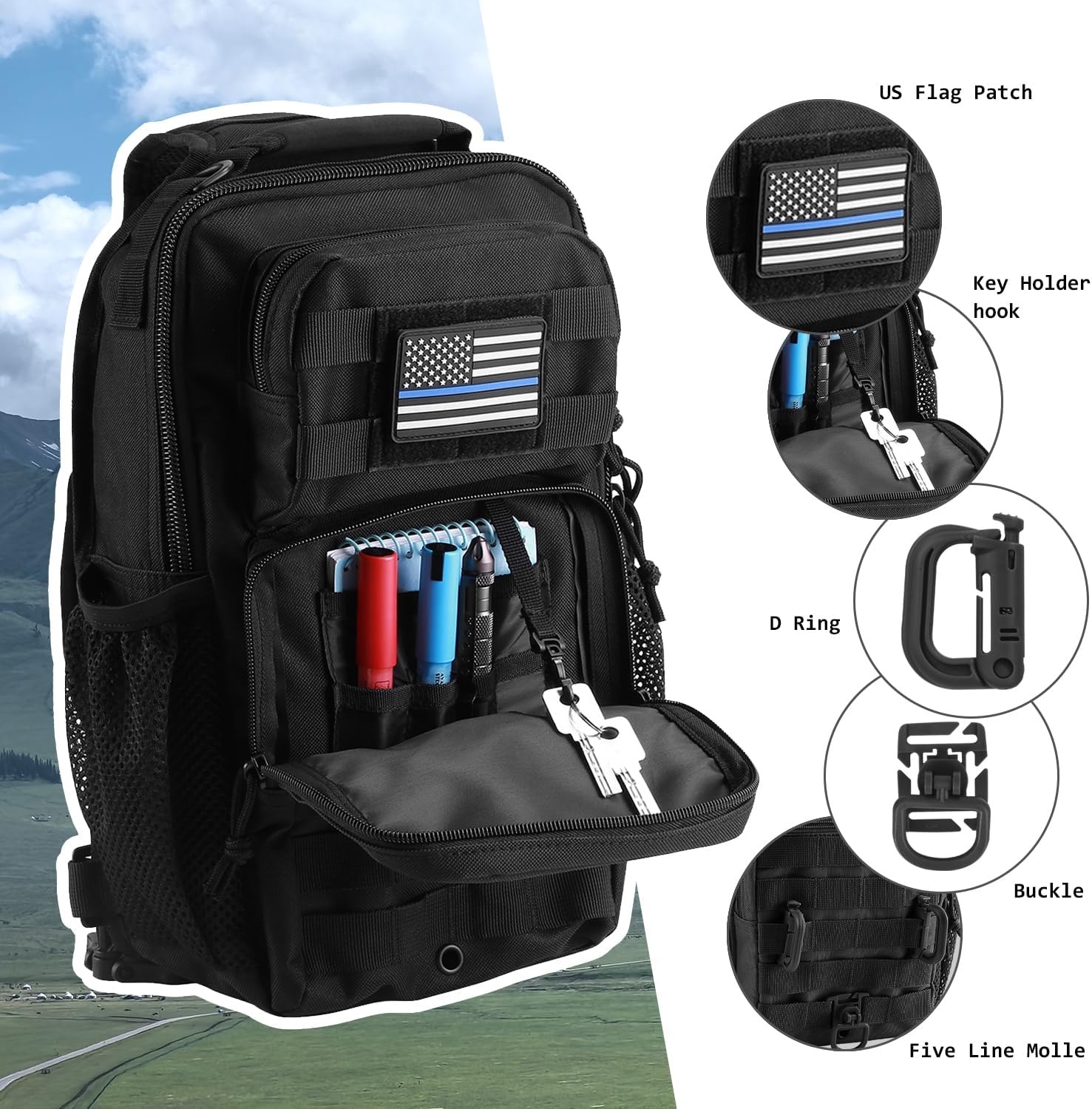 image:imageRover Sling Pack Tactical Shoulder Sling Bag Backpack with Bottle Holder Crossbody Chest Bag BlackBlack