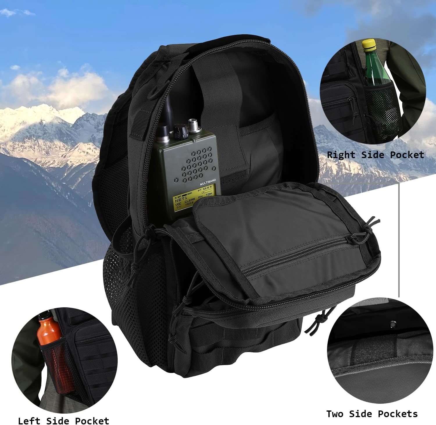 image:imageRover Sling Pack Tactical Shoulder Sling Bag Backpack with Bottle Holder Crossbody Chest Bag BlackBlack