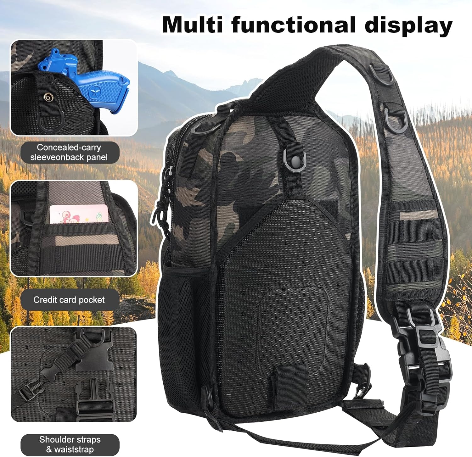 image:imageRover Sling Pack Tactical Shoulder Sling Bag Backpack with Bottle Holder Crossbody Chest Bag BlackBlack Camo