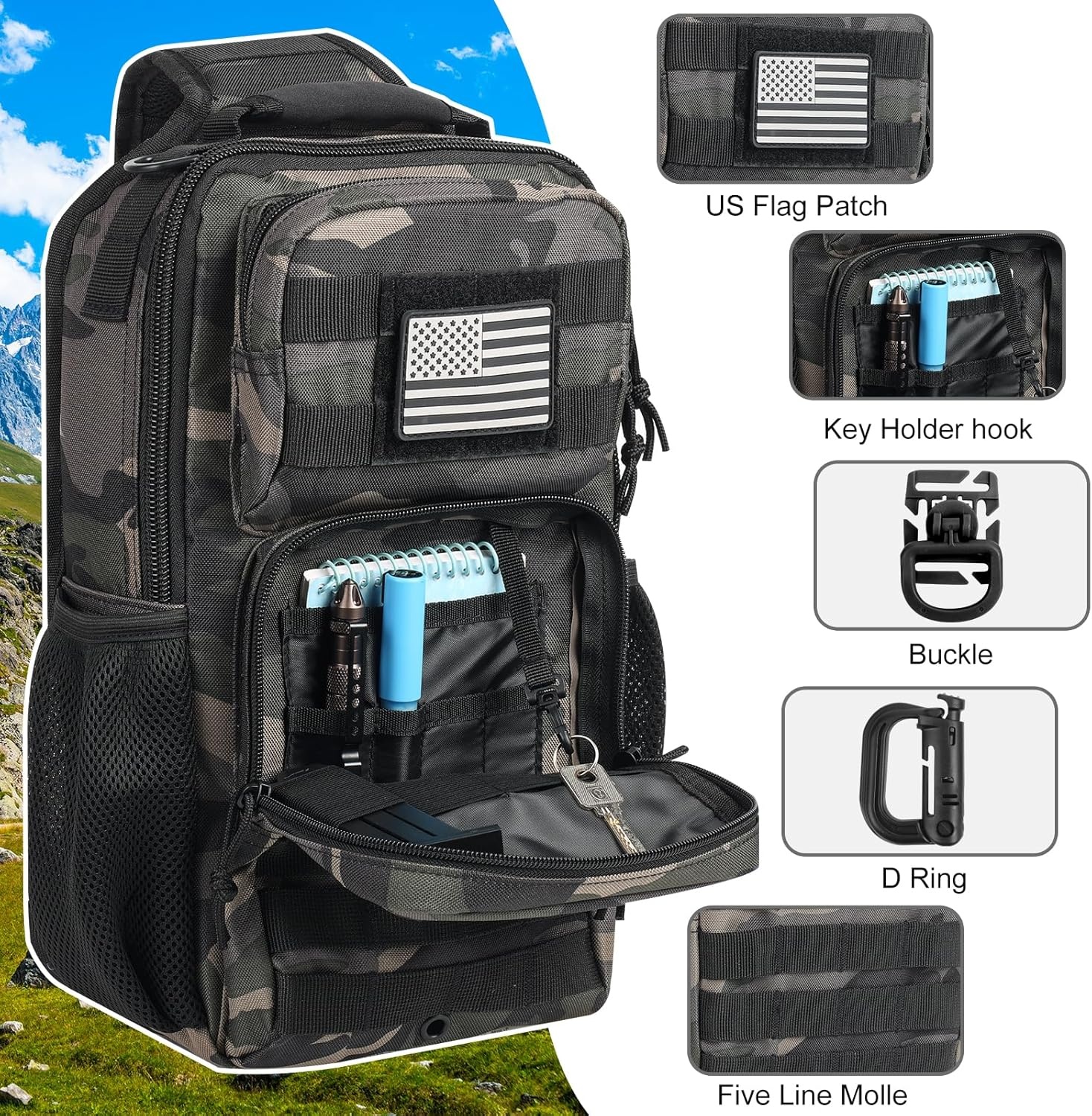 image:imageRover Sling Pack Tactical Shoulder Sling Bag Backpack with Bottle Holder Crossbody Chest Bag BlackBlack Camo