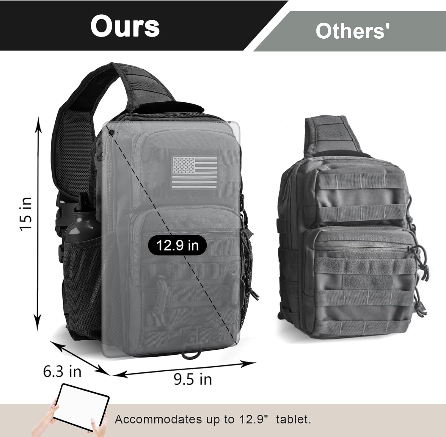 image:imageRover Sling Pack Tactical Shoulder Sling Bag Backpack with Bottle Holder Crossbody Chest Bag BlackBlack With Grey Patch