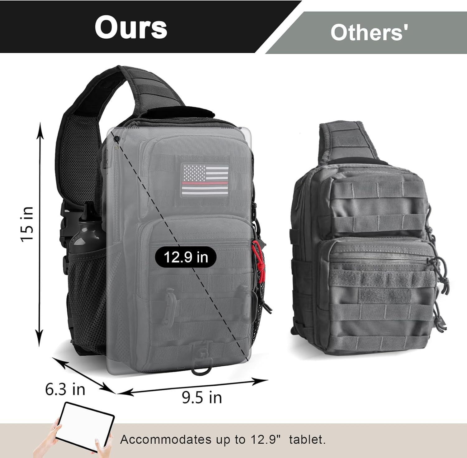 image:imageRover Sling Pack Tactical Shoulder Sling Bag Backpack with Bottle Holder Crossbody Chest Bag BlackBlack With Red