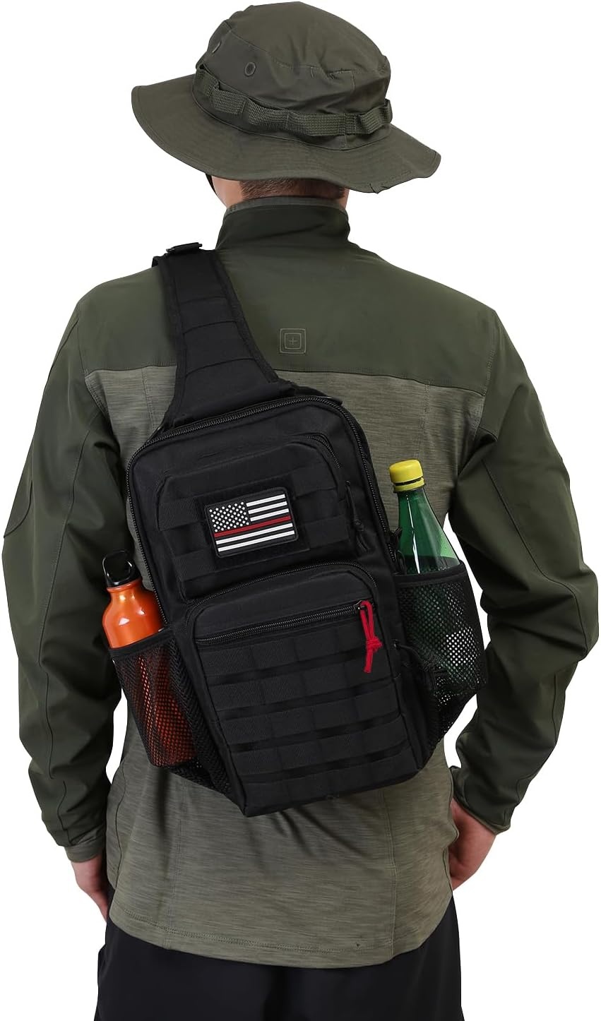 image:imageRover Sling Pack Tactical Shoulder Sling Bag Backpack with Bottle Holder Crossbody Chest Bag BlackBlack With Red