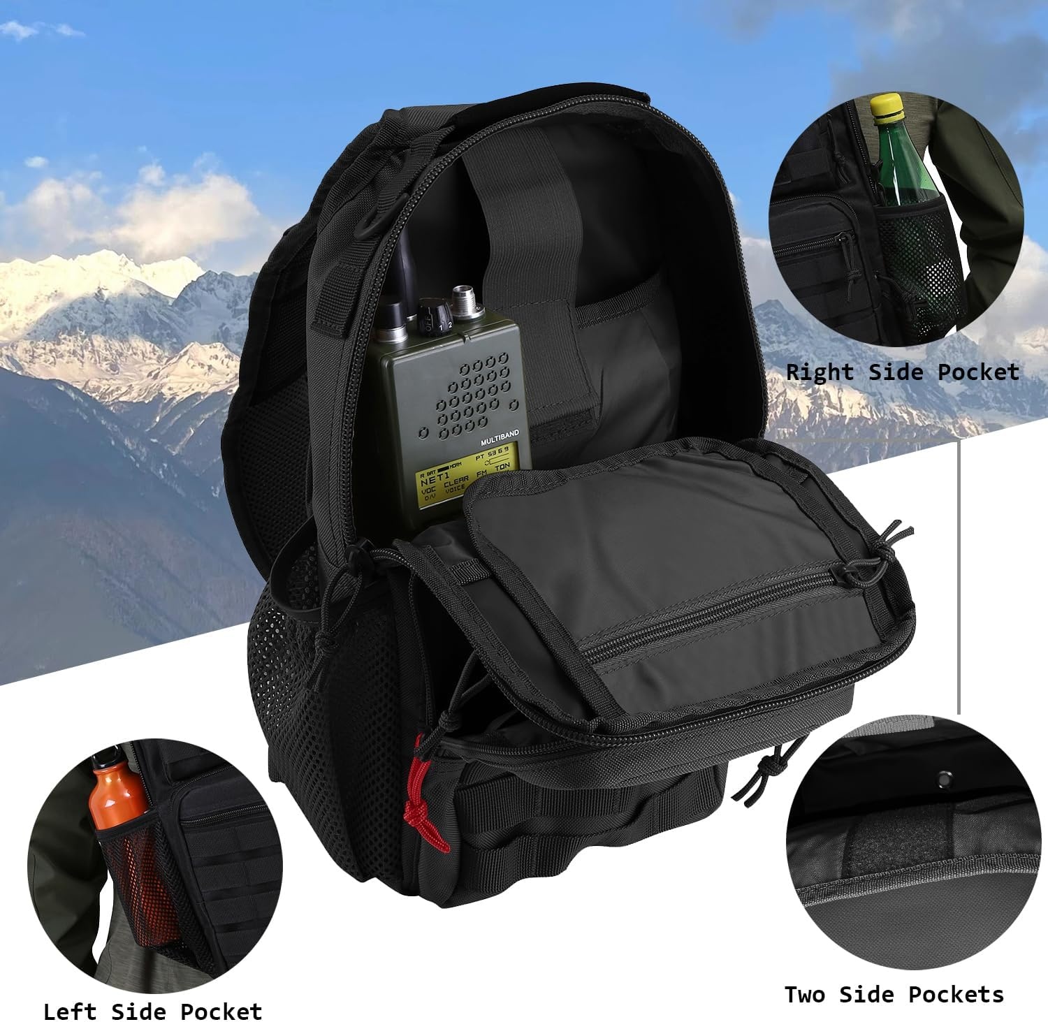 image:imageRover Sling Pack Tactical Shoulder Sling Bag Backpack with Bottle Holder Crossbody Chest Bag BlackBlack With Red