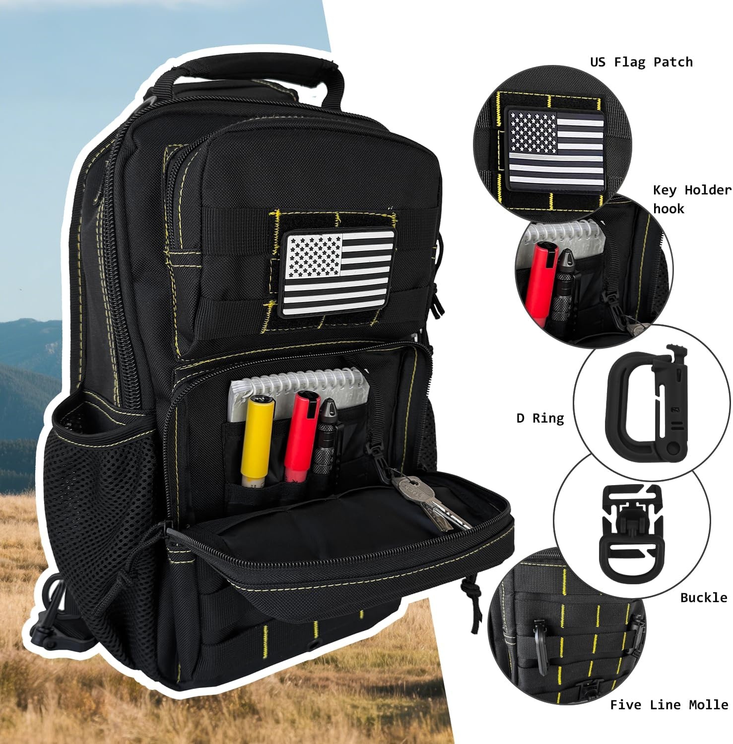 image:imageRover Sling Pack Tactical Shoulder Sling Bag Backpack with Bottle Holder Crossbody Chest Bag BlackBlack With Yellow