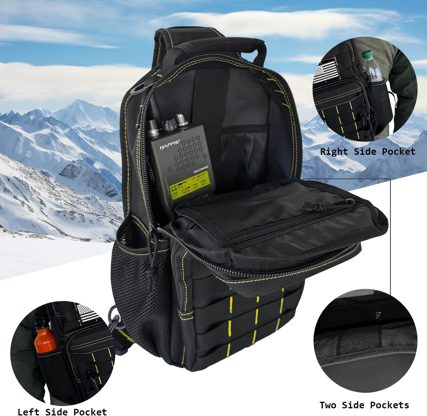 image:imageRover Sling Pack Tactical Shoulder Sling Bag Backpack with Bottle Holder Crossbody Chest Bag BlackBlack With Yellow