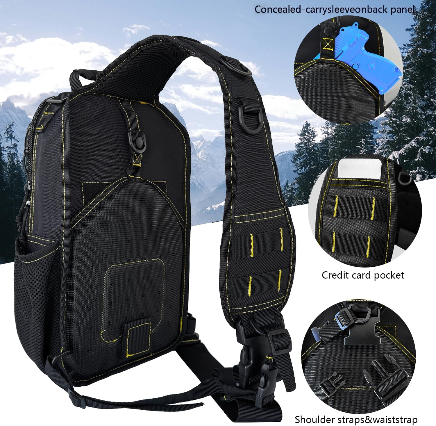 image:imageRover Sling Pack Tactical Shoulder Sling Bag Backpack with Bottle Holder Crossbody Chest Bag BlackBlack With Yellow