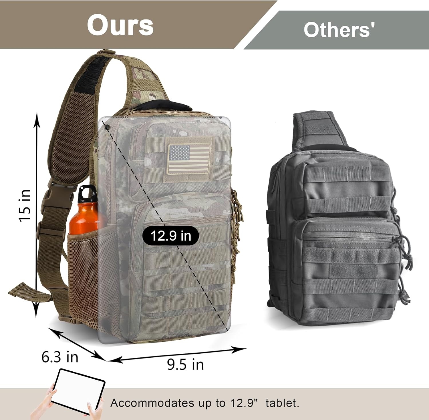 image:imageRover Sling Pack Tactical Shoulder Sling Bag Backpack with Bottle Holder Crossbody Chest Bag BlackCamouflage