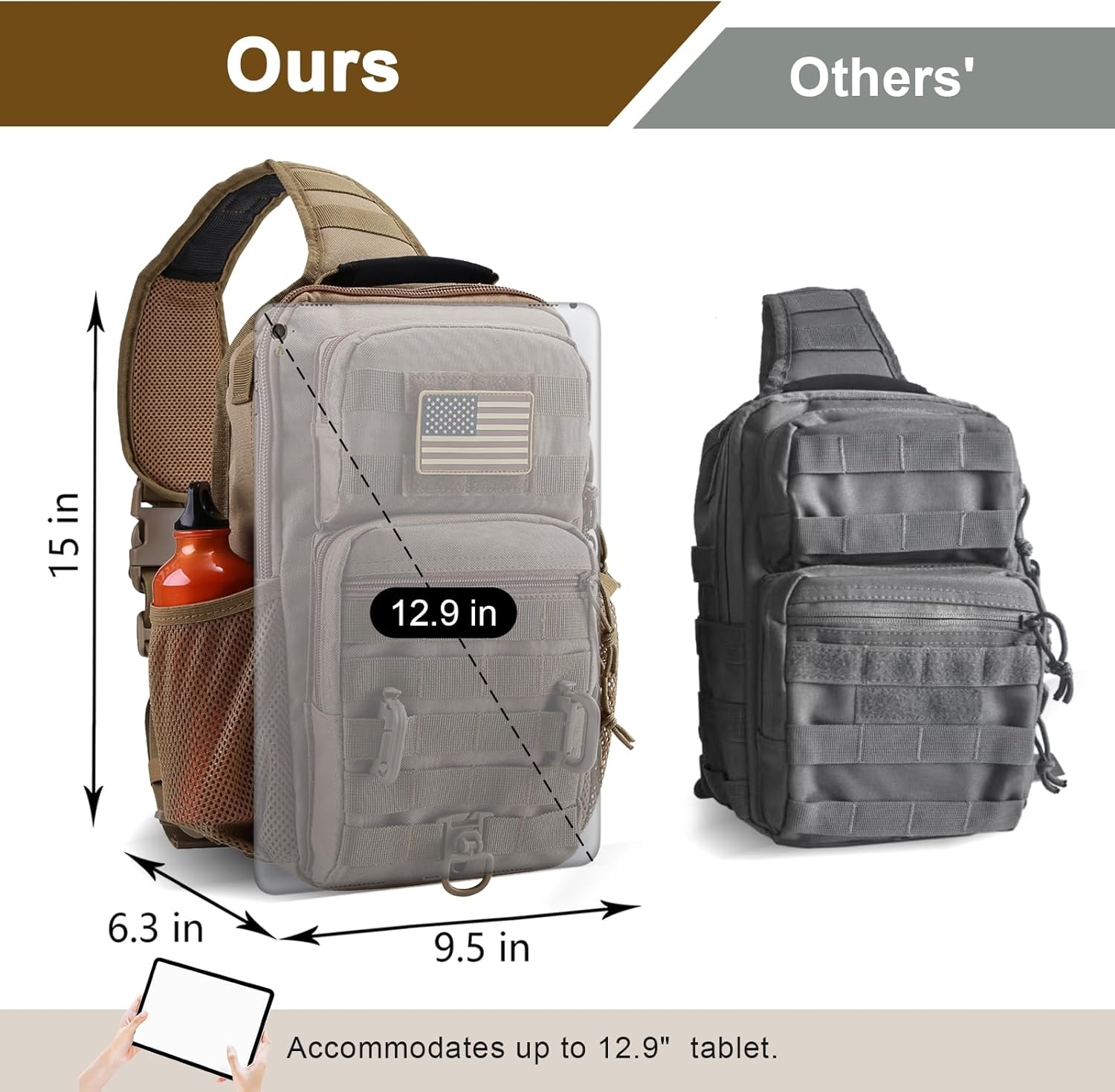image:imageRover Sling Pack Tactical Shoulder Sling Bag Backpack with Bottle Holder Crossbody Chest Bag BlackCoyote