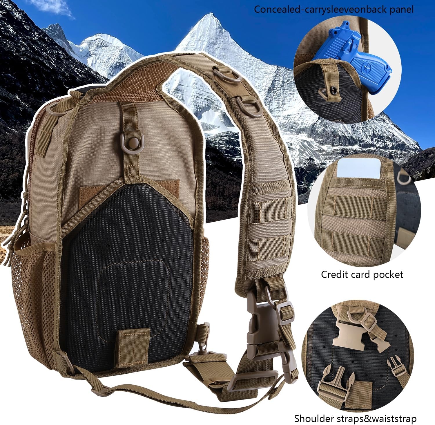 image:imageRover Sling Pack Tactical Shoulder Sling Bag Backpack with Bottle Holder Crossbody Chest Bag BlackCoyote