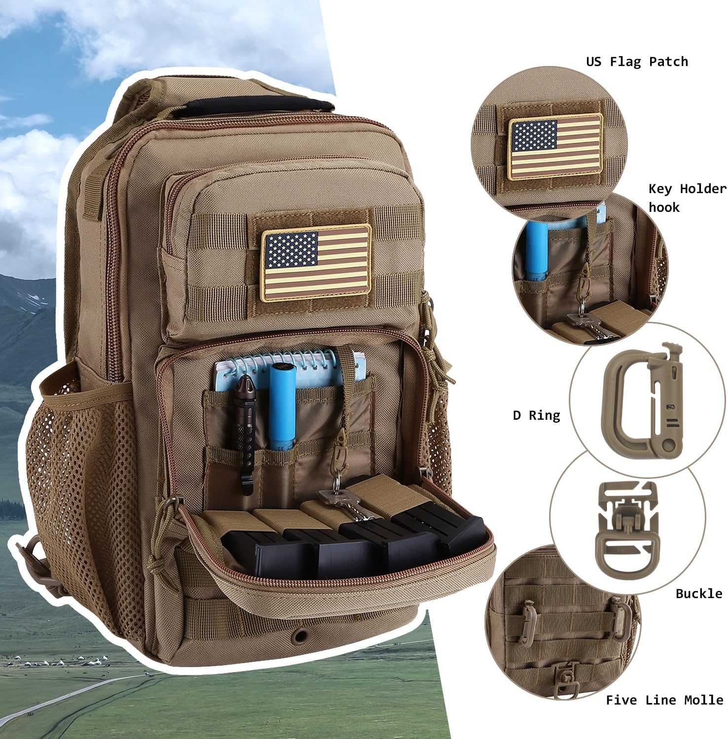 image:imageRover Sling Pack Tactical Shoulder Sling Bag Backpack with Bottle Holder Crossbody Chest Bag BlackCoyote